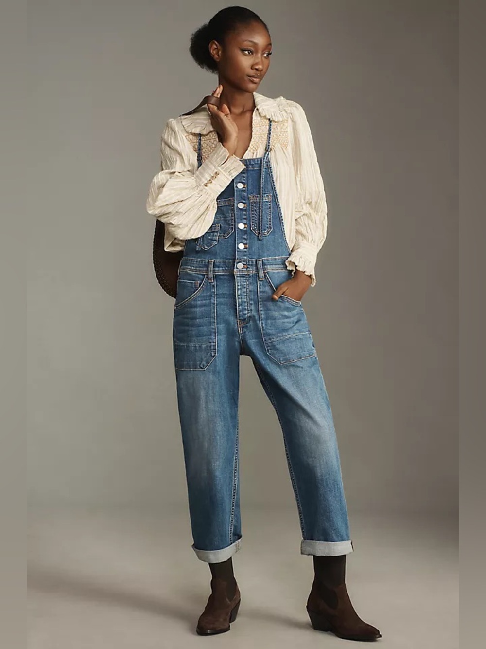 Pilcro Blue Denim Button-Front Overalls with Cream Blouse